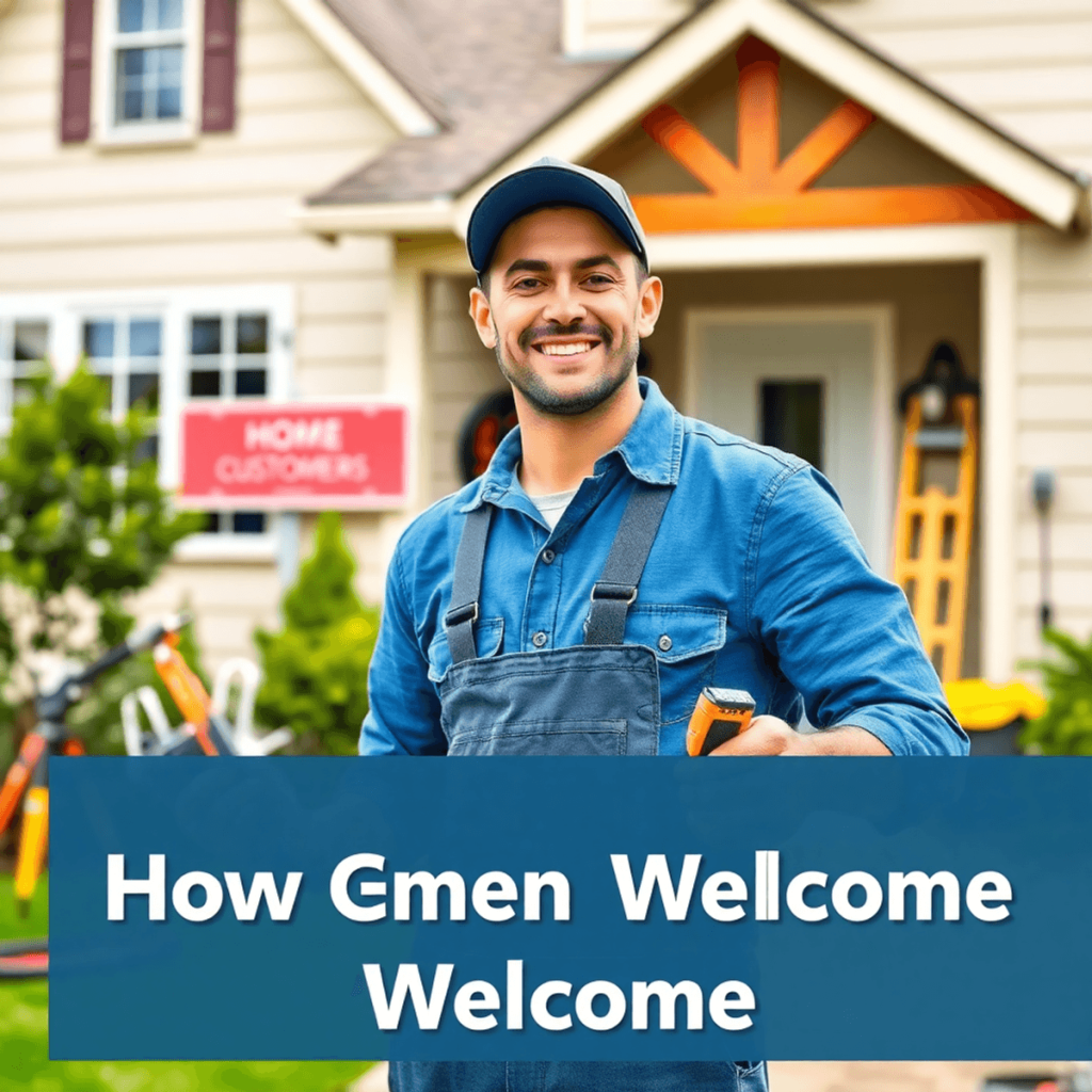 A confident home service professional works on a repair, surrounded by tools, in front of a well-maintained home with a "New Customers Welcome" sign.