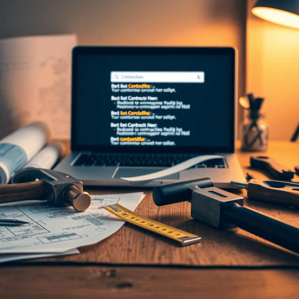 A contractor's workspace with tools like a hammer, tape measure, and blueprints on a wooden table, plus a laptop showing search results for local c...