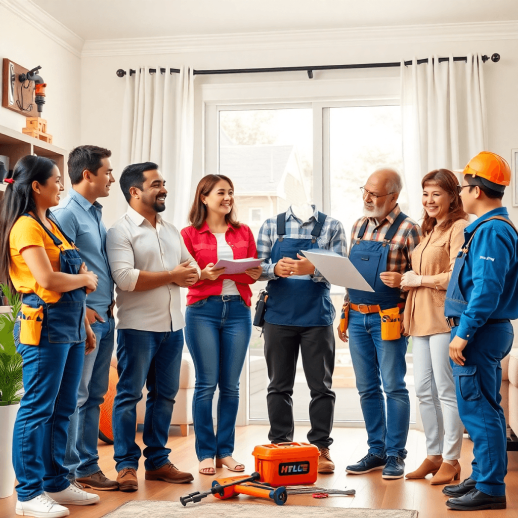 A diverse group of homeowners interacts with home service professionals in a friendly, well-maintained home, emphasizing community and trust amidst...