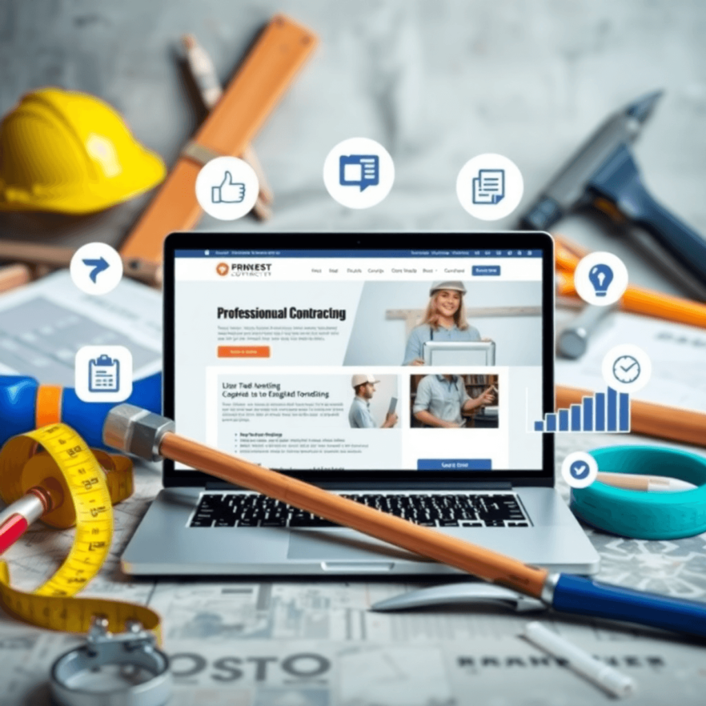 A laptop displaying a contractor's website, surrounded by tools like a hammer and measuring tape, with social media icons and SEO graphs against a ...