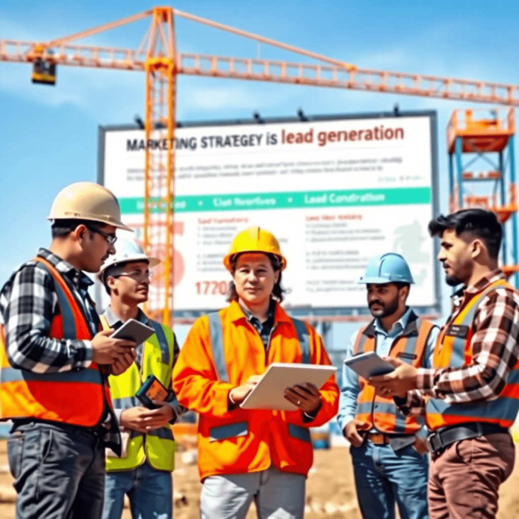 A lively construction site with contractors collaborating on plans and using digital devices, featuring a large billboard highlighting marketing st...