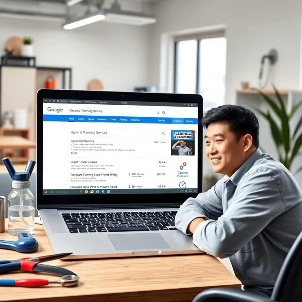 A modern plumbing office with a laptop showing SEO analytics, plumbing tools on the desk, and a plumber reviewing data, highlighting digital market...