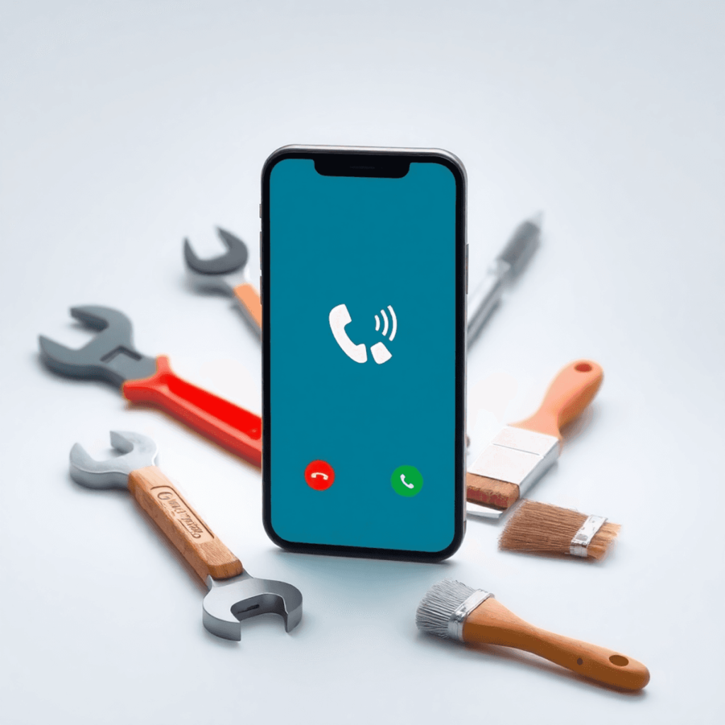 A smartphone with a ringing call icon, surrounded by a wrench, screwdriver, and paintbrush on a clean, modern background, symbolizing communication...