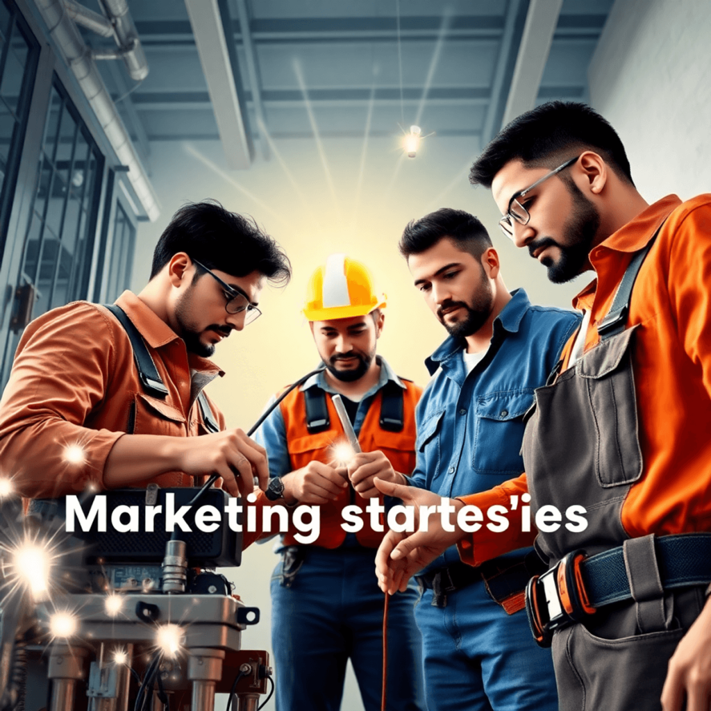 Electricians collaborating on a project, surrounded by tools and equipment, with light bulbs and electric sparks symbolizing innovation in the elec...